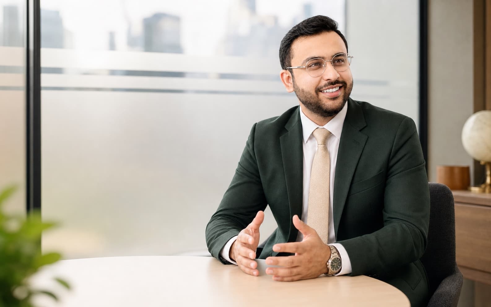 Sajjad Hussain in a forest-green suit welcoming a client enquiry