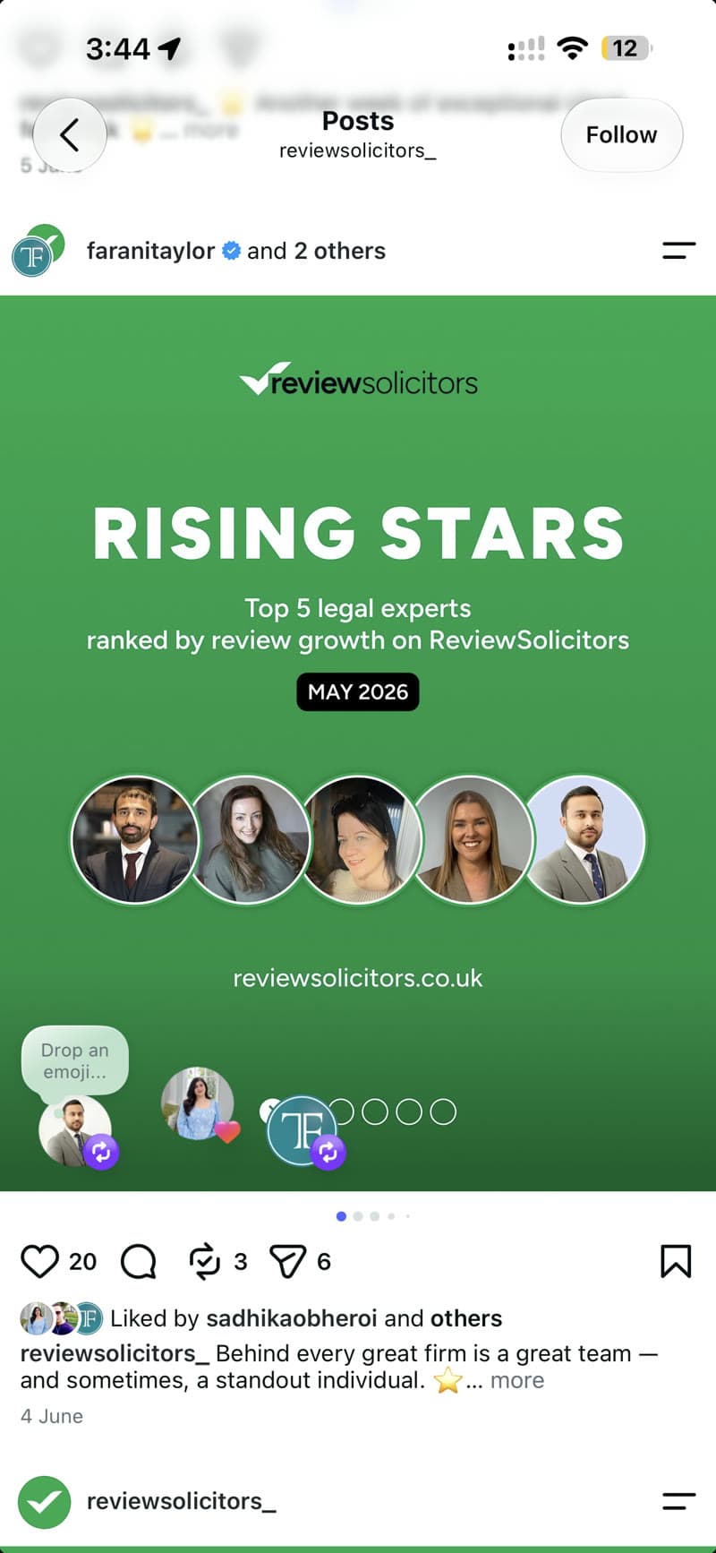 ReviewSolicitors Rising Stars announcement featuring Sajjad Hussain